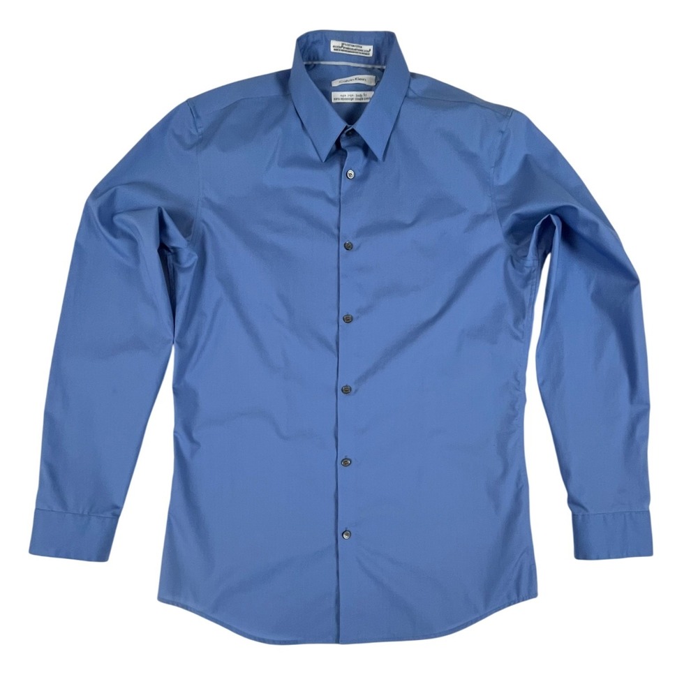 Calvin Klein Mens Non Iron Body Fit Dress Shirt Blue Stretch Long Sleeve Small